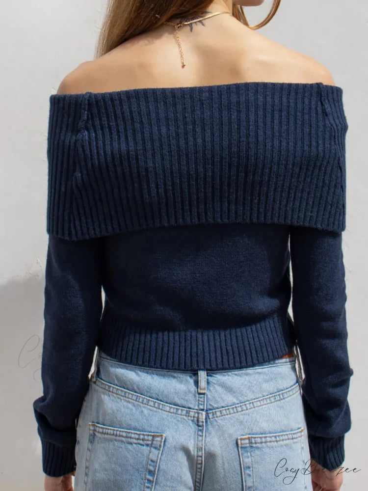 Solid Knitted Slash Neck Basic Long Sleeve Pullover Sweater knittop-250126