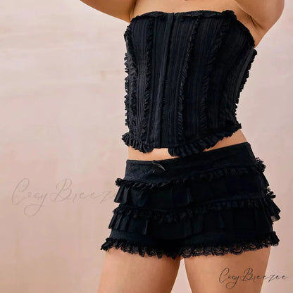 Solid Lace Ruffle Bloomer Shorts Black / S short-250223
