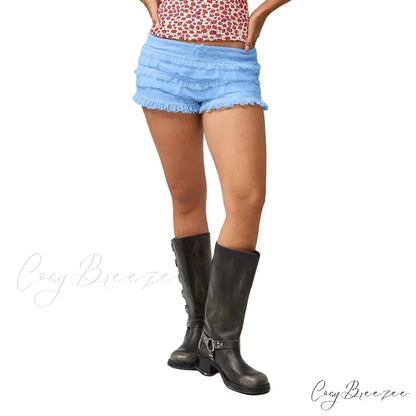 Solid Lace Ruffle Bloomer Shorts Blue / S short-250223