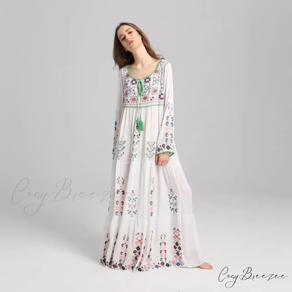 Solid Lace Short Sleeve V-neck Maxi Boho Dress bohodress-250126