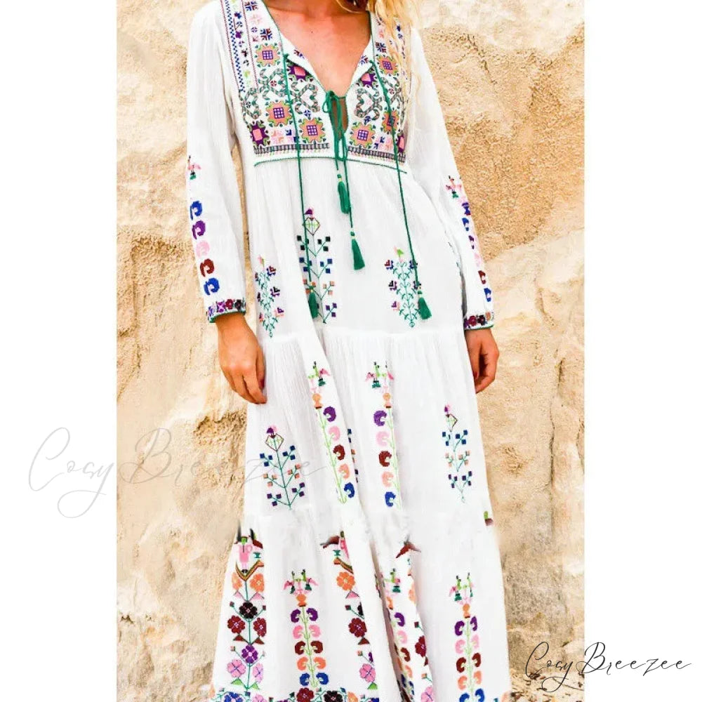 Solid Lace Short Sleeve V-neck Maxi Boho Dress White / One Size bohodress-250126
