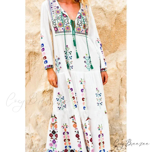 Solid Lace Short Sleeve V-neck Maxi Boho Dress White / One Size bohodress-250126