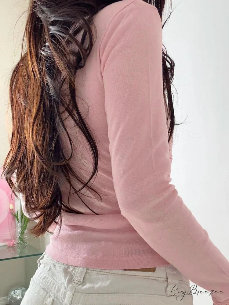 Solid Lace Trim Basic Slim Square Collar Long Sleeve Knit Top knittop-250126