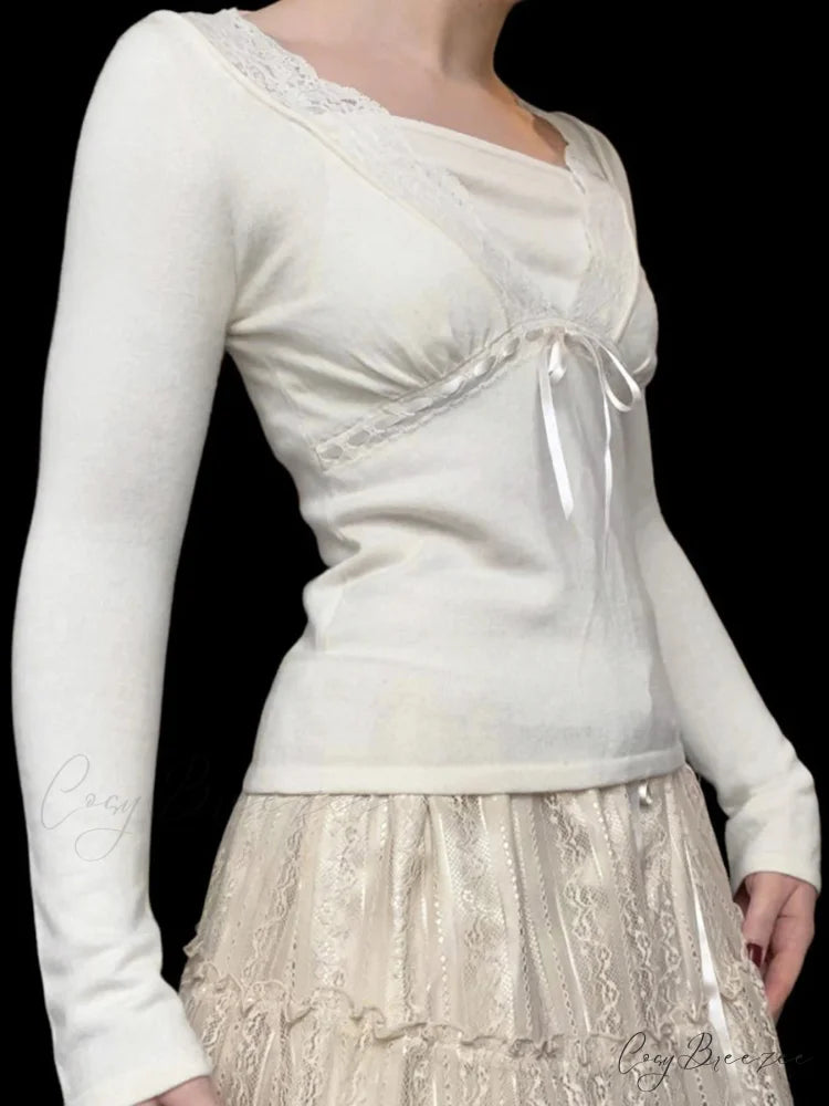 Solid Lace Trim Deep V-Neck Slim Long Sleeve Knit Top knittop-250126