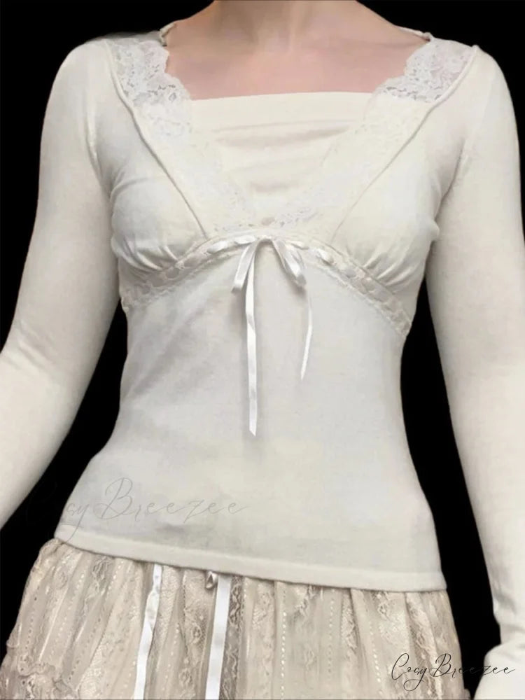 Solid Lace Trim Deep V-Neck Slim Long Sleeve Knit Top WHITE / S knittop-250126