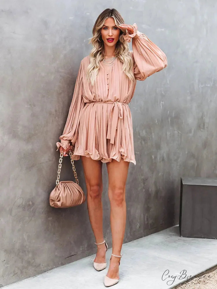 Solid Lace-up V-neck Button Ruffle Sexy Long Sleeves Mini Dress Pink / S