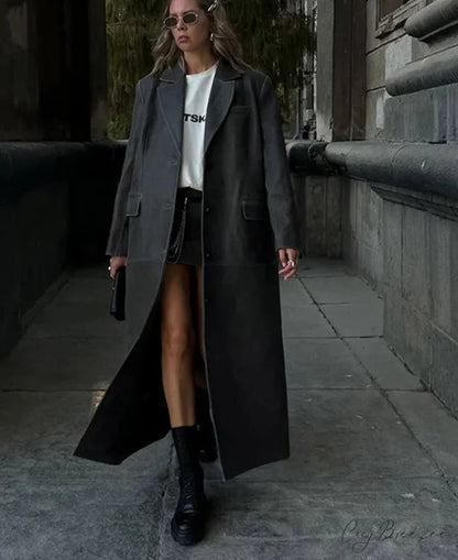 Solid Leather Lapel Single-Breasted Coat overcoats-241228
