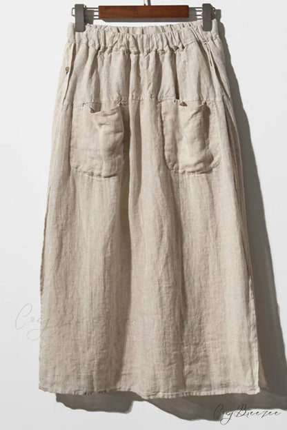Solid Linen Midi Skirt with Pockets Khaki / M
