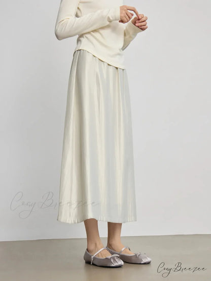Solid Long High Waist Elastic Silver Grey Draped A-Line Commuter Skirt