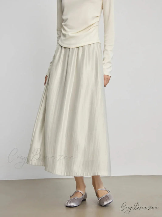 Solid Long High Waist Elastic Silver Grey Draped A-Line Commuter Skirt