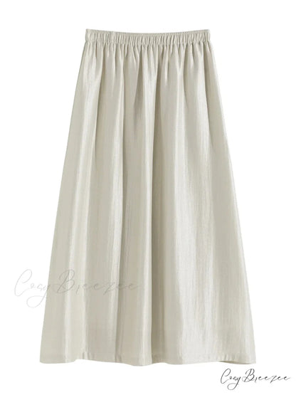 Solid Long High Waist Elastic Silver Grey Draped A-Line Commuter Skirt
