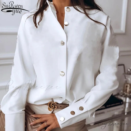 Solid Long Sleeve White Cotton Blouse White / S blouse-250223
