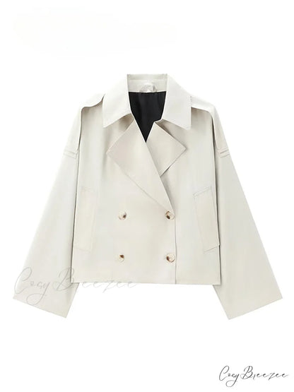 Solid Loose Contrast Double Collar Double Breasted Long Women’s Windbreaker Office Lady 2024 Stylish Coat