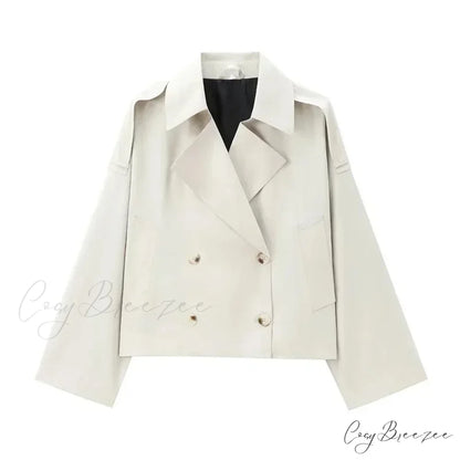 Solid Loose Contrast Double Collar Double Breasted Long Women’s Windbreaker Office Lady 2024 Stylish Coat BEIGE / XS