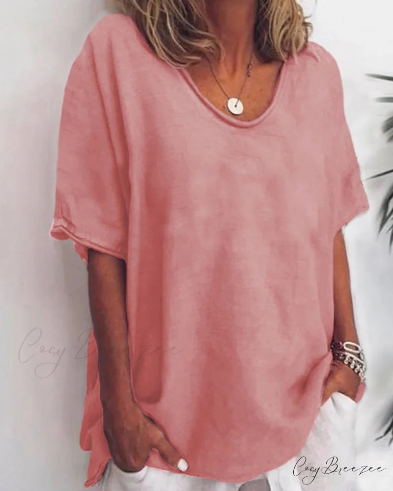 Solid Loose T-Shirt in Neck Round Color Pink / S