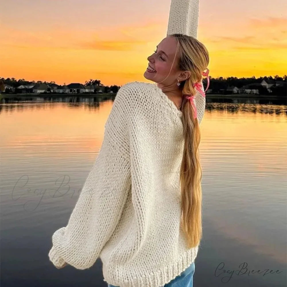 Solid Loose V-neck Off-Shoulder Sweater swraters-241228