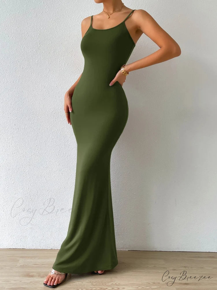 Solid Mermaid Hem Cami Dress Army Green / XS
