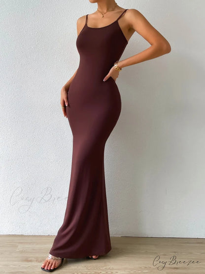 Solid Mermaid Hem Cami Dress Coffee Brown / XS
