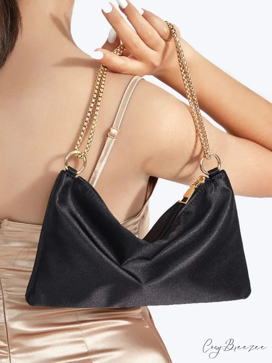 Solid Metal Chain Underarm Evening Wedding Clutch Bag Black clutchbag-250126