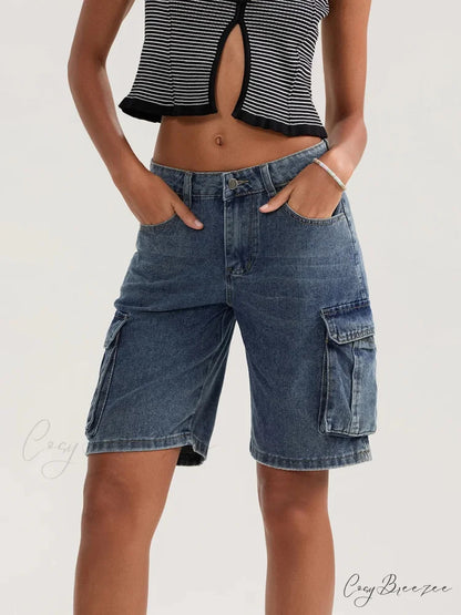 Solid Mid Rise Button Denim Shorts short-250223