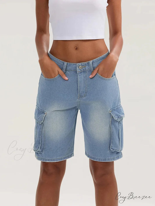 Solid Mid Rise Button Denim Shorts SKY BLUE / S short-250223