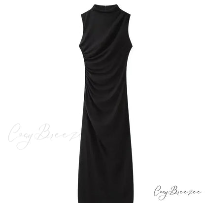 Solid O Neck Women’s Sexy Rear Split High Waisted Elegant Office Lady Commuting Streetwear Robes Midi Dress GRAY / S