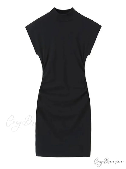 Solid O Neck Women’s Sexy Rear Split High Waisted Elegant Office Lady Commuting Streetwear Robes Midi Dress NAVY BLUE