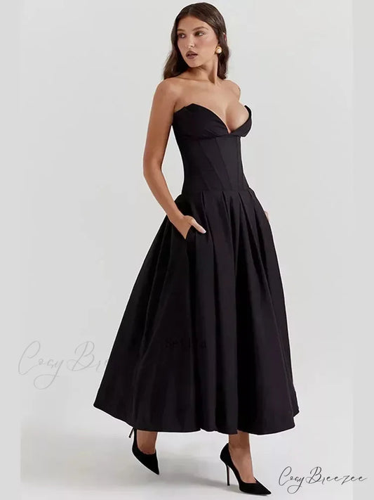 Solid Off-shoulder Chic Backless Strapless High-waisted Elegant Maxi Dress