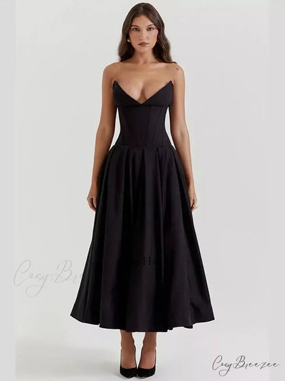 Solid Off-shoulder Chic Backless Strapless High-waisted Elegant Maxi Dress