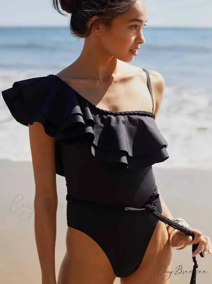 Solid One-Shoulder Ruffle Swimsuit Black / S onepiece-250223