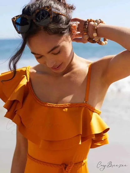 Solid One-Shoulder Ruffle Swimsuit onepiece-250223
