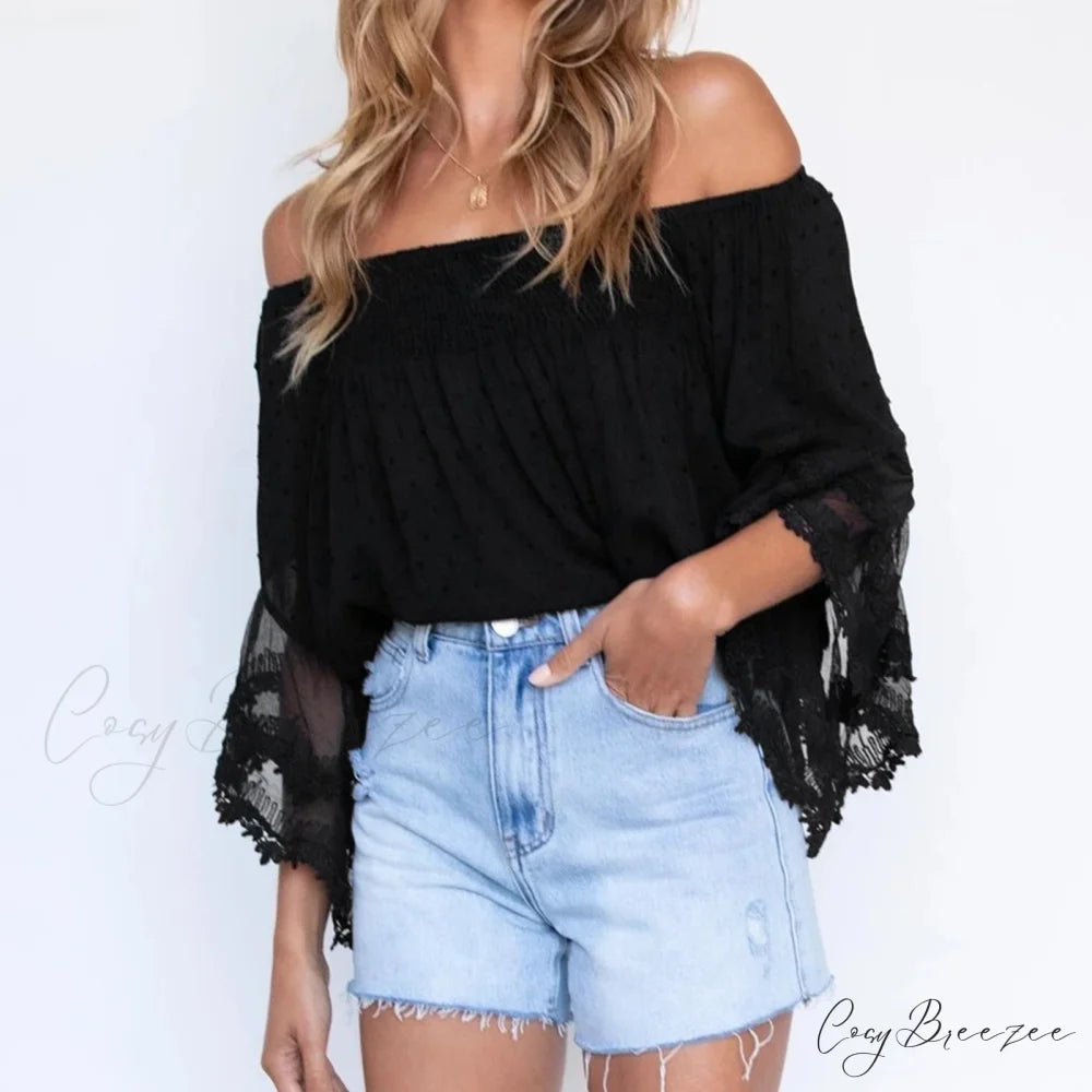 Solid Oversize Backless Irregular Blouse Brief Off Arm Hipster Tassel Tops Shoulder Shirt Black / S