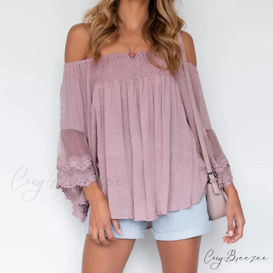 Solid Oversize Backless Irregular Blouse Brief Off Arm Hipster Tassel Tops Shoulder Shirt Pink / S