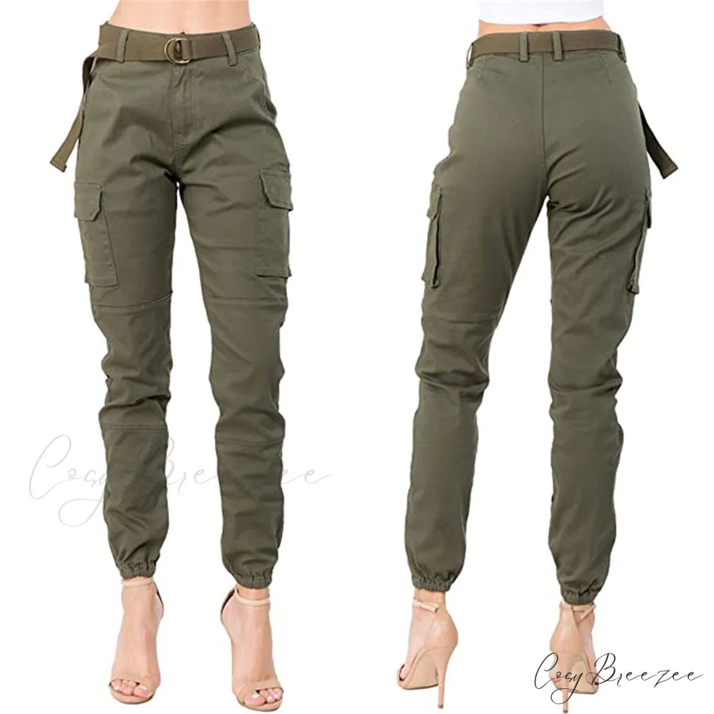 Solid Pants With Belt Wide Pants Pantalones Army Green / S
