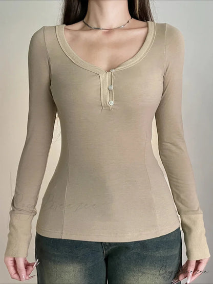 Solid Patchwork Slim O-Neck Long Sleeve Knit Top Khaki / S knittop-250126