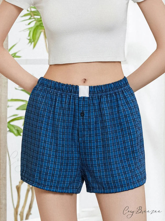 Solid Plaid Elastic Waist Shorts blue / S short-250223