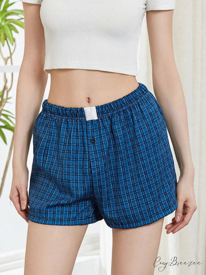 Solid Plaid Elastic Waist Shorts short-250223