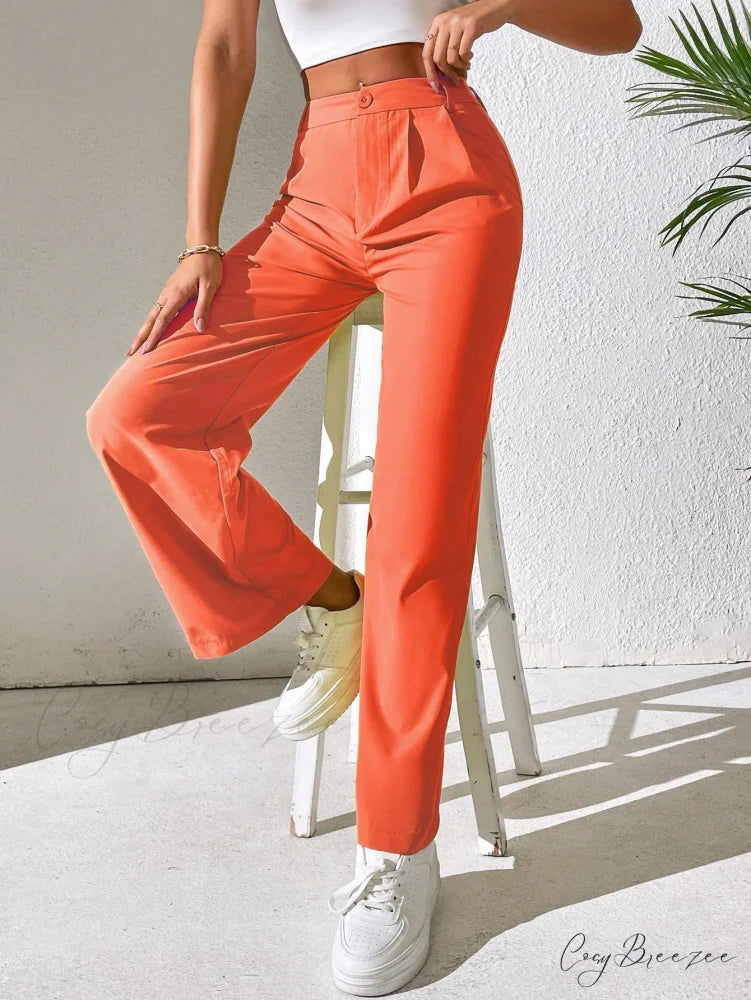 Solid Plicated Detail Straight Leg Pants
