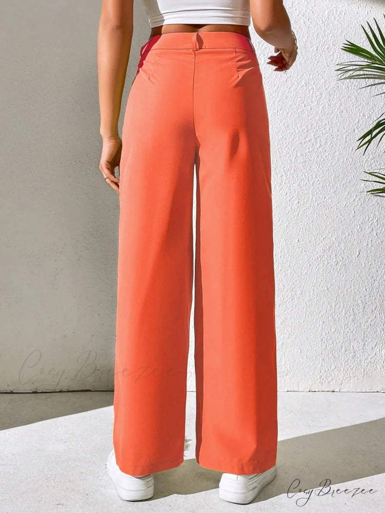 Solid Plicated Detail Straight Leg Pants