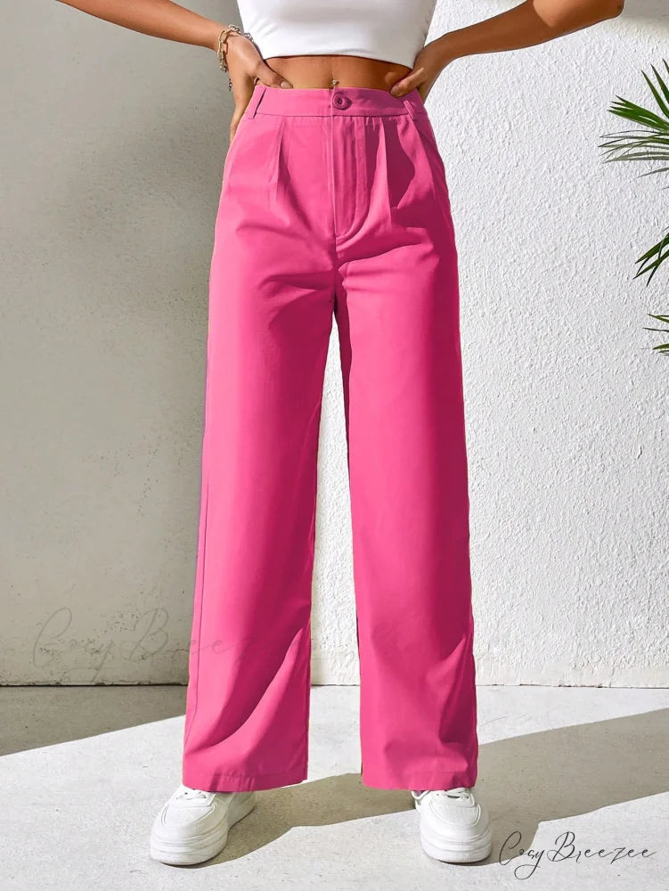 Solid Plicated Detail Straight Leg Pants Hot Pink / Petite XXS