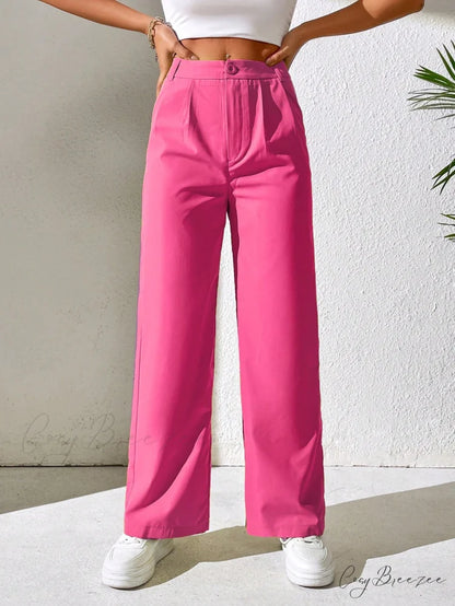Solid Plicated Detail Straight Leg Pants Hot Pink / Petite XXS
