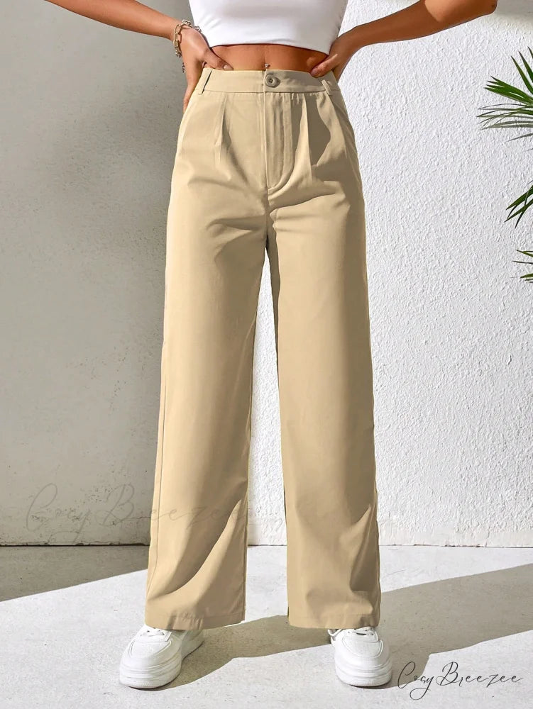Solid Plicated Detail Straight Leg Pants Khaki / Petite XXS
