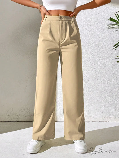 Solid Plicated Detail Straight Leg Pants Khaki / Petite XXS