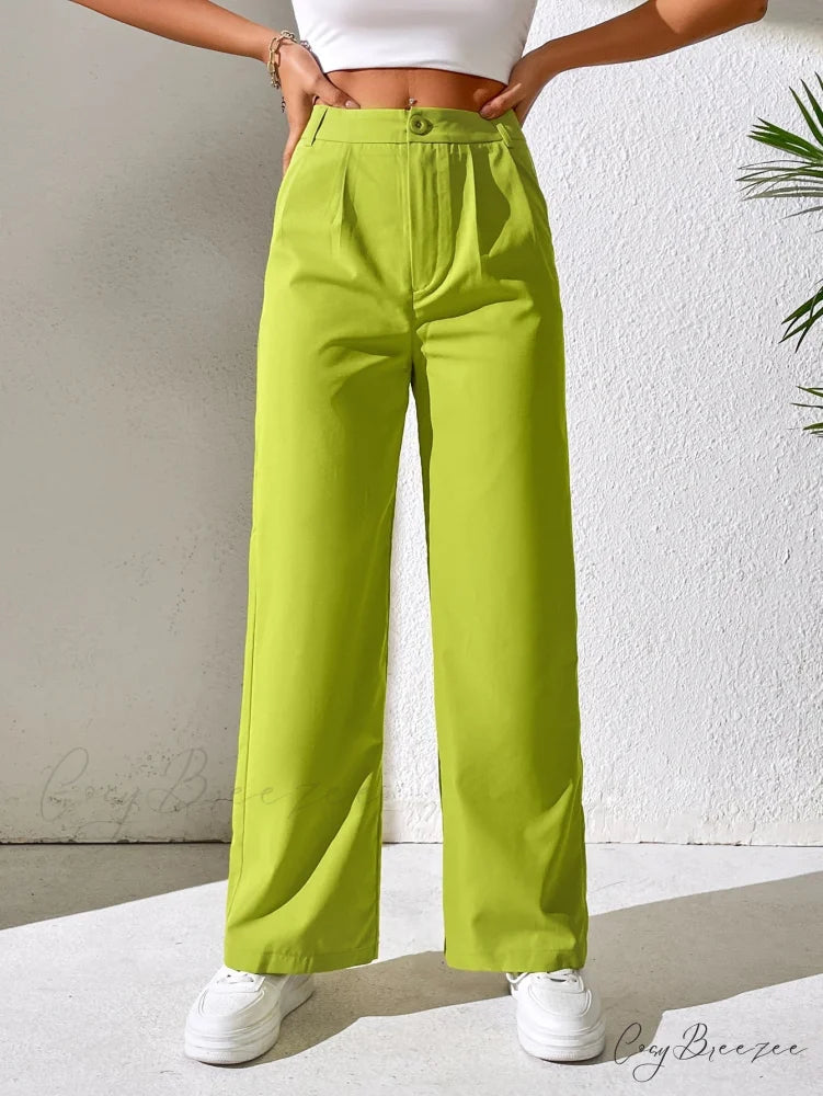 Solid Plicated Detail Straight Leg Pants Lime Green / Petite XXS