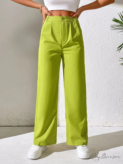 Solid Plicated Detail Straight Leg Pants Lime Green / Petite XXS