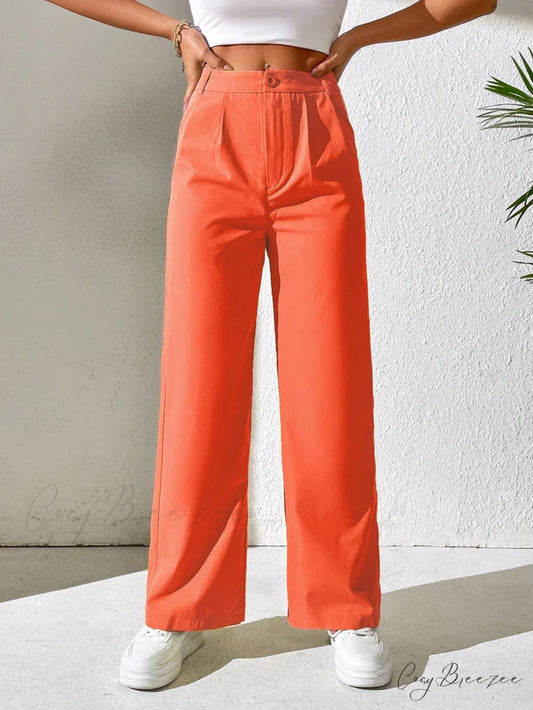 Solid Plicated Detail Straight Leg Pants Orange / Petite XXS