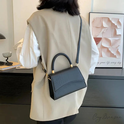 Solid PU Leather Casual Crossbody Top Handle Handbag Black handbag-250126