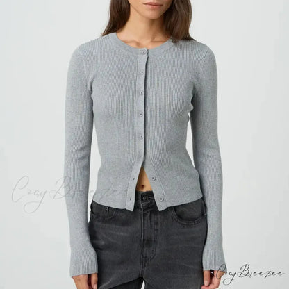 Solid Ribbed Button Up Slim Knit Cardigan GRAY / S cardiagn-250126