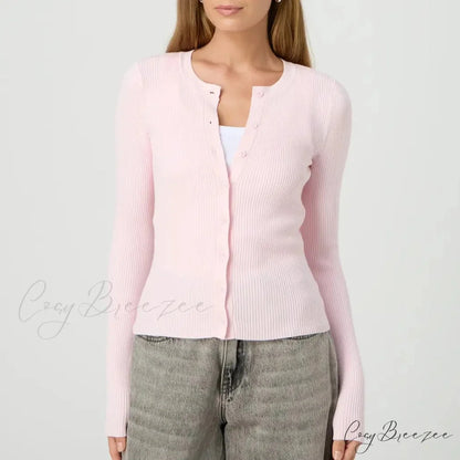 Solid Ribbed Button Up Slim Knit Cardigan Pink / S cardiagn-250126
