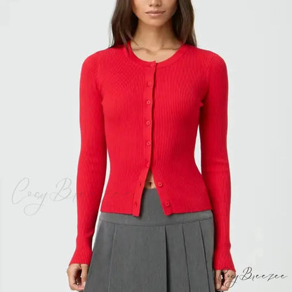 Solid Ribbed Button Up Slim Knit Cardigan Red / S cardiagn-250126